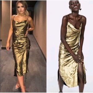 Lily Rose Depp | Blogger | Zara Basic Gold Slip Dress Midi Ruched Side Slit XS/S